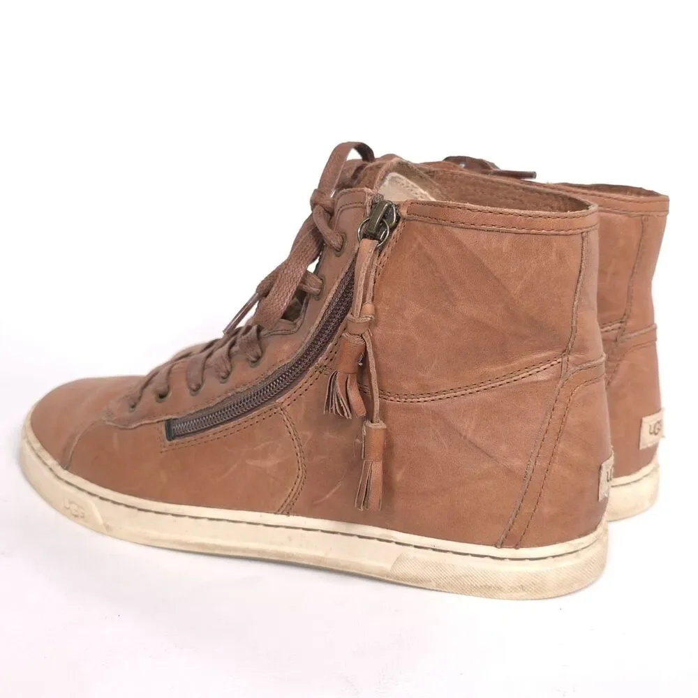 UGG Women's Sneakers 9.5 Brown‎ Leather High Top Tassel Zip Lace Up Casual